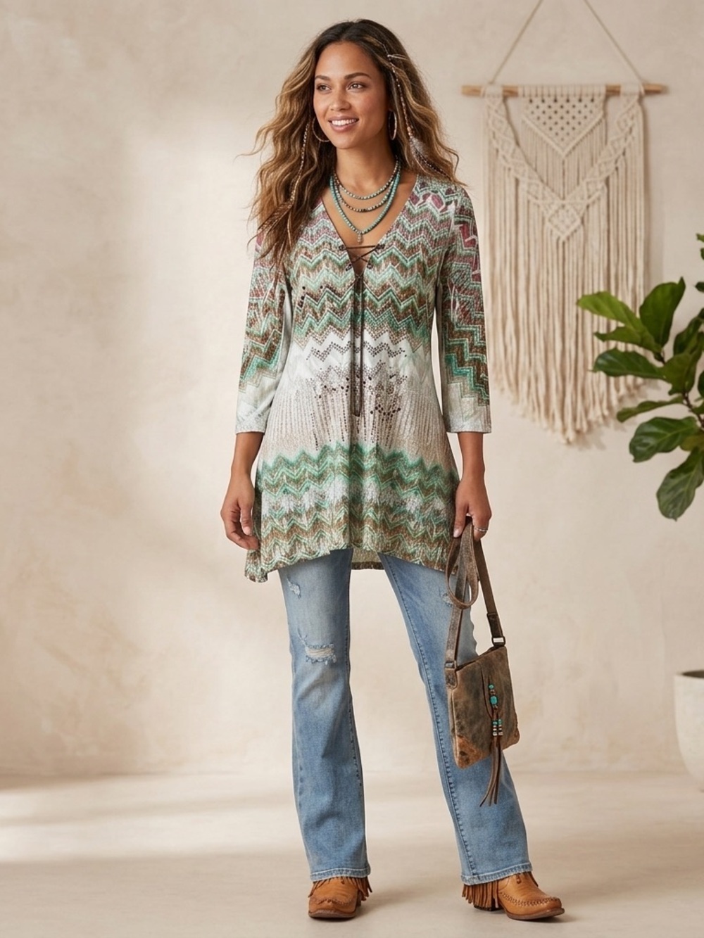 Vintage Y2K Green Crochet Tunic Top M Studded Chain boho hippie grunge
